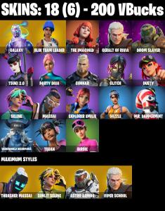 (PC/XBOX) 200 VB) 18 SKINS 💚 Galaxy 💚 Blue Team Leader 💚 The Imagined 💚 Geralt of Rivia 💚 Doom Slayer 💚 Tsuki 2.0 💚 Party Diva 💚 Gunnar 💚 — Fortnite account listing
