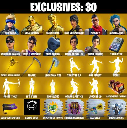 (PC/PSN/XBOX) 224 SKINS 🎰 Neo Versa 🎰 Gold Brutus 🎰 Gold Midas 🎰 Keri Commander 🎰 Prodigy 🎰 Arcane Jinx 🎰 Unchained Ramirez 🎰 850 V-Buck PARENTAL CONTROL — image 1