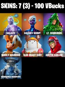 (PC) 100 VB) 7 SKINS 💚 Galaxy 💚 Galaxy Scout 💚 Lt. Evergreen 💚 Wooly Warrior 💚 Sled Ready Guff 💚 Arctic Adeline 💚 Underworld Desdemona 💚 — Fortnite account listing