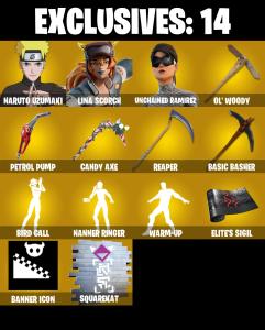 (PC) 296 SKINS ๐ฅ Renegade Raider ๐ฅ Naruto Uzumaki ๐ฅ Lina Scorch ๐ฅ Unchained Ramirez ๐ฅ Leviathan ๐ฅ Era ๐ฅ The Ageless ๐ฅ Mizuki ๐ฅ 300 V-Buc๐ฅ PARENTAL CONTROLS โ Fortnite account listing