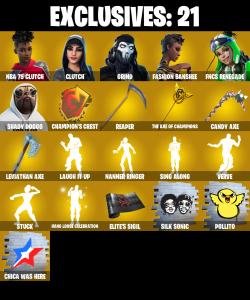 (PC/PSN) 294 SKINS ๐ฅ Renegade Raider ๐ฅ NBA 75 Clutch ๐ฅ Clutch ๐ฅ Grind ๐ฅ Fashion Banshee ๐ฅ FNCS Renegade ๐ฅ Shady Doggo ๐ฅ Mizuki ๐ฅ PARENTAL CONTROLS โ Fortnite account listing