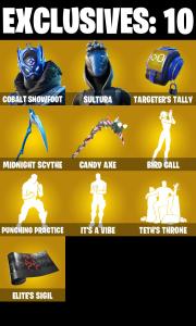 (PC) 302 SKINS ๐ฅ Renegade Raider ๐ฅ Cobalt Snowfoot ๐ฅ Sultura ๐ฅ The Imagined ๐ฅ The Origin ๐ฅ Era ๐ฅ The Ageless ๐ฅ Mizuki ๐ฅ Snap ๐ฅ 200 V-Buc๐ฅ PARENTAL CONTROLS โ Fortnite account listing