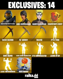 (PC/PSN) 750 VB) 276 SKINS ๐ฅ Renegade Raider ๐ฅ Aerial Assault Trooper ๐ฅ Master Chief (Matte Black) ๐ฅ Keri Commander ๐ฅ Naruto Uzumaki ๐ฅ Joey๐ฅ PARENTAL CONTROLS โ Fortnite account listing