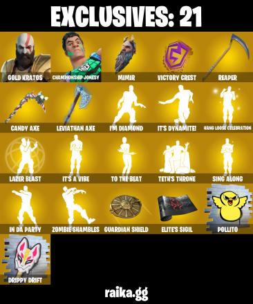 (PC/PSN/XBOX) 600 VB) 227 SKINS 🎰 Master Chief 🎰 Gold Kratos 🎰 Championship Jonesy 🎰 Era 🎰 Zeus 🎰 Red Knight 🎰 Raz 🎰 Son Goku 🎰 Mizuki 🎰 PARENTAL CONTROL — image 1