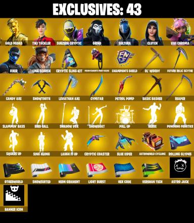 (PC/PSN/XBOX) 202 SKINS π« Gold Midas β‘οΈ Tiki Tackler π Subzero Cryptic β‘οΈ Grind π Sultura β‘οΈ Clutch π Vivi Chroma β‘οΈ Fixer | 1250 V-Buck | PARENTAL CONTROLS β image 1