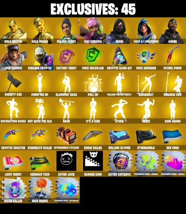 (PC/PSN/XBOX) 210 SKINS 💫 Gold Brutus ⚡️ Gold Midas 💍 Major Glory ⚡️ Vivi Chroma 💍 Renee ⚡️ FNCS 3:1 Champion 💍 Andre ⚡️ Lina Scorch | 50 V-Buck | PARENTAL CONTROLS — image 1