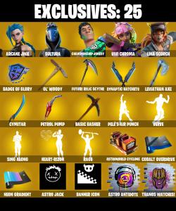(PC/PSN/XBOX) 205 SKINS ๐ซ Arcane Jinx โก๏ธ Sultura ๐ Championship Jonesy โก๏ธ Vivi Chroma ๐ Lina Scorch โก๏ธ The Ageless ๐ Mizuki | 150 V-Buck | PARENTAL CONTROLS โ Fortnite account listing