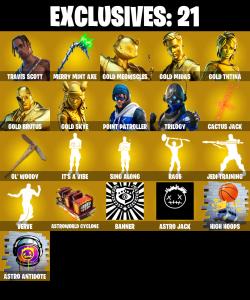 (PC) 0 VB) 175 SKINS 🔥 Travis Scott 🔥 Gold Meowscles 🔥 Gold Midas 🔥 Gold TNTina 🔥 Gold Brutus 🔥 Gold Skye 🔥 Point Patroller 🔥 Trilogy | PARENTAL CONTROLS — Fortnite account listing