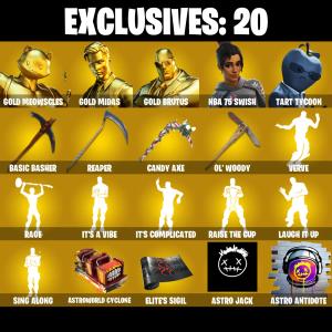 (PC/PSN/XBOX) 229 SKINS ๐ซ Gold Meowscles โก๏ธ Gold Midas ๐ Gold Brutus โก๏ธ NBA 75 Swish ๐ Tart Tycoon โก๏ธ Kymera ๐ Peter Griffin | 50 V-Buck | PARENTAL CONTROLS โ Fortnite account listing