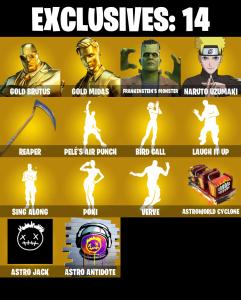 (PC/PSN/XBOX) 223 SKINS π« Gold Brutus β‘οΈ Gold Midas π Frankenstein's Monster β‘οΈ Naruto Uzumaki π Wild Card β‘οΈ Torin π Predator | 100 V-Buck | PARENTAL CONTROLS β Fortnite account listing