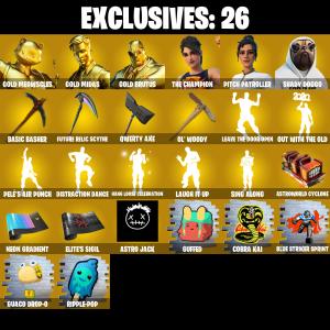 (PC/PSN/XBOX) 231 SKINS ๐ซ Gold Meowscles โก๏ธ Gold Midas ๐ Gold Brutus โก๏ธ The Champion ๐ Pitch Patroller โก๏ธ Shady Doggo | 1150 V-Buck | PARENTAL CONTROLS โ Fortnite account listing