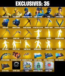 (PC/PSN/XBOX) 225 SKINS ๐ซ Gold Midas โก๏ธ Gold Brutus ๐ Point Patroller โก๏ธ Cloud Striker ๐ Fixer โก๏ธ Curse Buster ๐ Zenith | 250 V-Buck | PARENTAL CONTROLS โ Fortnite account listing