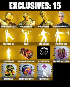 (PC/PSN/XBOX) 251 SKINS π° Gold Meowscles π° Gold Brutus π° Gold Midas π° Striker Specialist π° Frostbite π° Era π° Ultima Knight π° Catalyst π° Blackheart π° 650 V-Buck PARENTAL CONTROL β Fortnite account listing