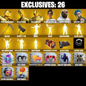 (PC/PSN/XBOX) 242 SKINS ๐ซ Gold Meowscles โก๏ธ Gold Midas ๐ Gold Brutus โก๏ธ Pitch Patroller ๐ Shady Doggo โก๏ธ Arcane Jinx ๐ The Ageless | 500 V-Buck | PARENTAL CONTROLS โ Fortnite account listing