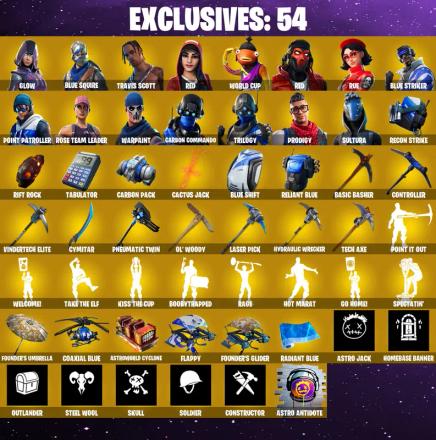 [PC/PSN/XBOX] 114 Skins | Rue | Travis Scott | Glow | Blue Squire | WORLD CUP | Blue Striker | Point Patroller | Carbon Commando | Trilogy | Prodigy | OG STW — image 1