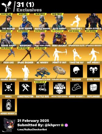 [PC/PSN/XBOX]  145 skins ; F/A :   The Reaper | Warpaint | Blue Squire | Royale Knight | Elite Agent | Take The L | Omega (stage 5) | Rogue Agent | Gear Specialist Maya — image 1
