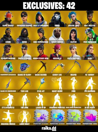 (PC/XBOX) 100 VB) 479 SKINS π₯ Game Knight π₯ Unchained Ramirez π₯ FNCS 3:1 Champion π₯ Grind π₯ Arcane Jinx π₯ Mat Master π₯ Andre π₯ Rene | PARENTAL CONTROLS β image 1