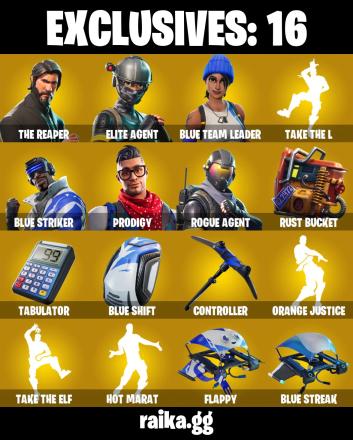 ⭐ (PSN/XBOX/PC) 42 SKINS
💀 The Reaper
🕶️ Elite Agent
🔵 Blue Team Leader
🎮 Blue Striker
📚 Prodigy
⚡ Rogue Agent
🛡️ Carbide (Armor Stage 5)
🔥 Valor
🍔 Peter Griffin
💰 450 VB — image 1