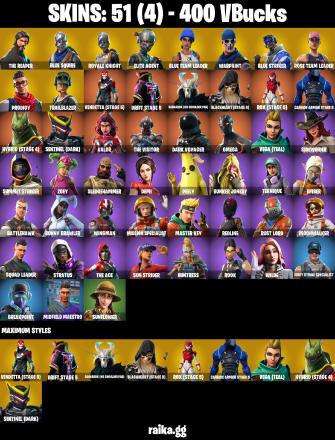 β (PSN/XBOX/PC) 51 SKINS
π‘οΈ OG STW
π The Reaper
π΅ Blue Squire
π Royale Knight
πΆοΈ Elite Agent
π§ Blue Team Leader
β‘ Blue Striker
π Prodigy
ποΈ Trailblazer
π° 400 VB β image 2