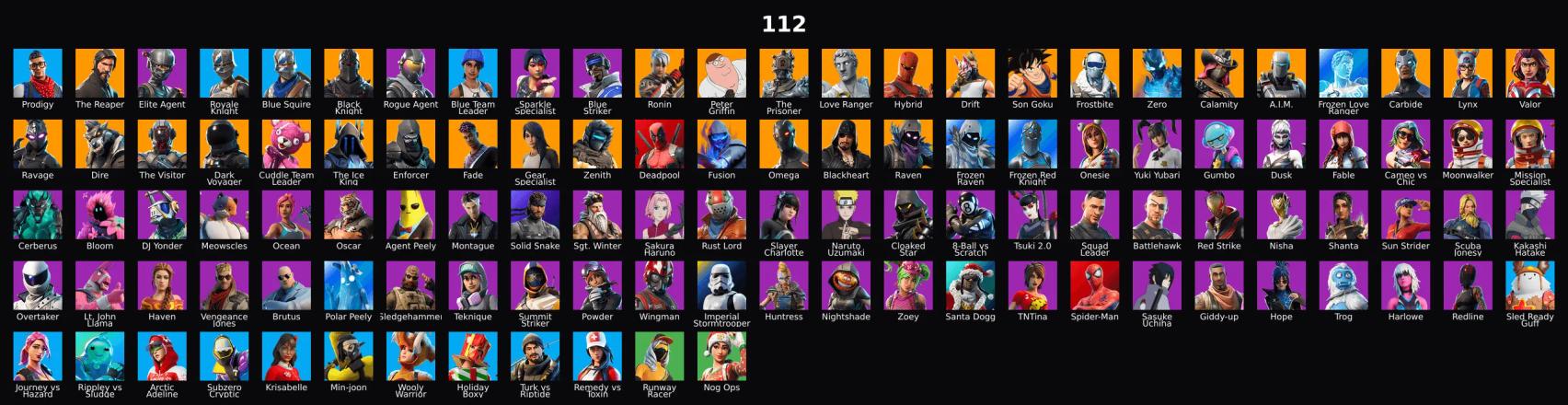 PC,PSN,XBOX 112 SKINS FA ⸱ BLACK KNIGHT ⸱ REAPER ⸱ ZERO,GOKU,BLOOM,NARUTO,SAKURA,SASUKE ⸱ FLOSS ⸱ TAKE THE L ⸱ MAKO RK1913 — image 1