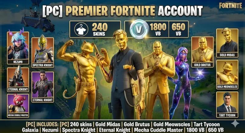 [PC] 💻 240 Skins👕 | Gold Midas👑 | Gold Brutus🥇 | Gold Meowscles🐱 | Tart Tycoon🍎 | Astro Jack🌌 | Sing Along🎵 | Verve🕺 | 1800 VBucks💸 — image 1
