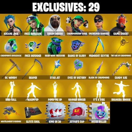 (PC/PSN/XBOX) 461 SKINS 🍒 Arcane Jinx 🍒 FNCS Renegade 🍒 Shady Doggo 🍒 Championship Aura 🍒 Unchained Ramirez 🍒 Game Knight 🍒 0 V-Bucks PARENTAL CONTROL — image 1