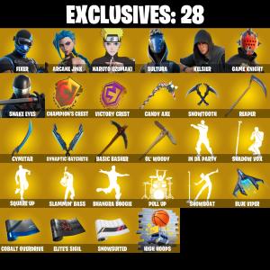 (PC/PSN/XBOX) 228 SKINSβ οΈ Fixer β οΈ Arcane Jinx β οΈ Naruto Uzumaki β οΈ Sultura β οΈ Kelsier β οΈ Game Knight β οΈ Snake Eyes β οΈ Predator β οΈ The Ageless β οΈ Omegarok β οΈ 150 V-Buc β Fortnite account listing