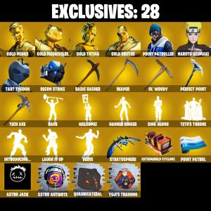 (PC/PSN/XBOX) 348 SKINS ๐ Gold Midas ๐ Gold Meowscles ๐ Gold TNTina ๐ Gold Brutus ๐ Point Patroller ๐ Naruto Uzumaki ๐ 500 V-Buck PARENTAL CONTROL โ Fortnite account listing