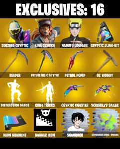 (PC/PSN/XBOX) 220 SKINS ♠️ Subzero Cryptic ♠️ Lina Scorch ♠️ Naruto Uzumaki ♠️ The Imagined ♠️ Mizuki ♠️ Spectra Knight ♠️ Kado Thorne ♠️ 600 V-Bucks — Fortnite account listing
