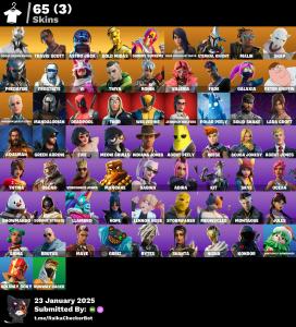 [PC/PSN/XBOX/NINTENDO]  65 skins  | Travis Scott | Rogue Spider Knight |  Astro Jack | Gold Midas | Dummy Supreme | Gear Specialist Maya | Eternal Knight | Malik | Snap | 100 VB