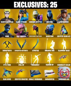 (PC/PSN/XBOX) 224 SKINS ๐ Naruto Uzumaki ๐ Cloud Striker ๐ Subzero Cryptic ๐ Sultura ๐ Lina Scorch ๐ Fixer ๐ Vivi Chroma ๐ 650 V-Buck PARENTAL CONTROL โ Fortnite account listing