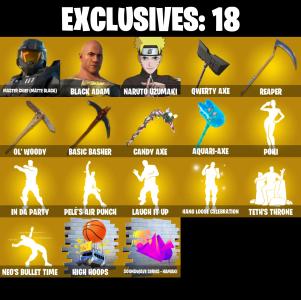 (PC/PSN/XBOX) 294 SKINS ๐ Master Chief (Matte Black) ๐ Black Adam ๐ Naruto Uzumaki ๐ Raz ๐ Torin ๐ The Imagined ๐ Backlash ๐ 3000 V-Buck PARENTAL CONTROL โ Fortnite account listing