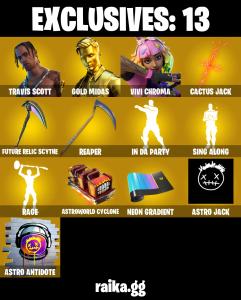 EMAIL CHANGEABLE (PC/PSN) 500 VB) 62 SKINS โค๏ธ Travis Scott โค๏ธ Gold Midas โค๏ธ Vivi Chroma โค๏ธ Blackheart โค๏ธ Omegarok โค๏ธ Spectra Knight โค๏ธ Hybrid โค๏ธ Gear Specialist Maya โ Fortnite account listing