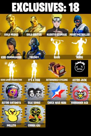 (PC/PSN/XBOX) 179 SKINS π Gold Midas π Gold Brutus π Naruto Uzumaki π Point Patroller π Keri Commander π Trilogy π The Imagined π 150 V-Buc PARENTAL CONTROL β image 1