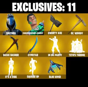 (PC/PSN/XBOX) 251 SKINS ๐ซ Sultura โก๏ธ Championship Jonesy ๐ Zeus โก๏ธ The Imagined ๐ Snap โก๏ธ Era ๐ Kymera โก๏ธ Nezumi ๐ Ronin โก๏ธ Malik | 100 V-Buck | PARENTAL CONTROLS โ Fortnite account listing