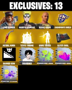 (PC/PSN/XBOX) 194 SKINS ๐ซ Master Chief โก๏ธ Lina Scorch ๐ Naruto Uzumaki โก๏ธ Black Adam ๐ Backlash โก๏ธ Optimus Prime ๐ Snap โก๏ธ Twyn | 650 V-Buck | PARENTAL CONTROLS โ Fortnite account listing