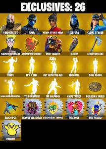 (PC/XBOX) 225 SKINS ๐ฅ Master Chief ๐ฅ Gold Kratos ๐ฅ Fixer ๐ฅ Heron Stance Hero ๐ฅ Sultura ๐ฅ Cloud Striker ๐ฅ Naruto Uzumaki ๐ฅ 850 V-Bucks๐ฅ PARENTAL CONTROLS โ Fortnite account listing
