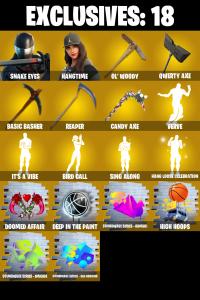 (PC) 184 SKINS 🔥 Snake Eyes 🔥 Hangtime 🔥 Menace 🔥 Raz 🔥 Ronin 🔥 Joey 🔥 Optimus Prime 🔥 Kymera 🔥 Torin 🔥 Spectra Knight 🔥 Era 🔥 500 V-Bucks PARENTAL CONTROLS — Fortnite account listing