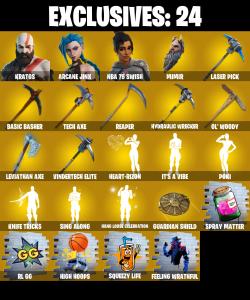 (PC/PSN/XBOX) 135 SKINS ๐ซ Kratos โก๏ธ Arcane Jinx ๐ NBA 75 Swish โก๏ธ Snap ๐ Alli โก๏ธ Ronin ๐ Malik โก๏ธ Galaxia ๐ Kymera | 1700 V-Buck | PARENTAL CONTROLS โ Fortnite account listing