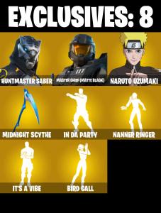 (PC) 259 SKINS ๐ฅ Huntmaster Saber ๐ฅ Master Chief (Matte Black) ๐ฅ Naruto Uzumaki ๐ฅ Peter Griffin ๐ฅ Valeria ๐ฅ Son Gohan ๐ฅ Zeus ๐ฅ 3300 V-Bucks๐ฅ PARENTAL CONTROLS โ Fortnite account listing