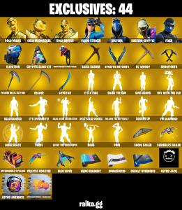 (PC/XBOX) 800 VB) 205 SKINS ๐ฅ Gold Midas ๐ฅ Gold Meowscles ๐ฅ Gold Brutus ๐ฅ Cloud Striker ๐ฅ Sultura ๐ฅ Subzero Cryptic ๐ฅ Fixer ๐ฅ Joey ๐ฅ Vi PARENTAL CONTROLS โ Fortnite account listing