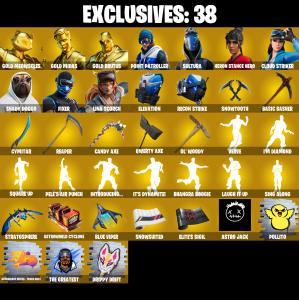 (PC/PSN/XBOX) 230 SKINS ๐ซ Gold Meowscles โก๏ธ Gold Midas ๐ Gold Brutus โก๏ธ Point Patroller ๐ Sultura โก๏ธ Heron Stance Hero | 1150 V-Buck | PARENTAL CONTROLS โ Fortnite account listing