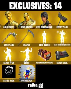 (PC) 100 VB) 164 SKINS ๐ฅ Renegade Raider ๐ฅ Gold Midas ๐ฅ Gold Brutus ๐ฅ Keri Commander ๐ฅ Joey ๐ฅ John Wick ๐ฅ The Foundation ๐ฅ Eternal Knight PARENTAL CONTROLS โ Fortnite account listing