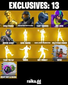 (PC/PSN) 450 VB) 182 SKINS ๐ฅ Gold Midas ๐ฅ Master Chief (Matte Black) ๐ฅ Tart Tycoon ๐ฅ End Zone ๐ฅ Rogue Agent ๐ฅ Joey ๐ฅ Era ๐ฅ John Wick PARENTAL CONTROLS โ Fortnite account listing