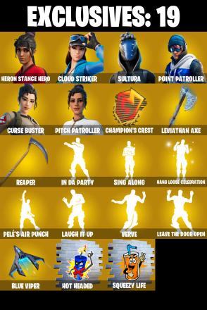 (PC/XBOX) 171 SKINS π₯ Heron Stance Hero π₯ Cloud Striker π₯ Sultura π₯ Point Patroller π₯ Curse Buster π₯ Pitch Patroller π₯ Joey π₯ 1500 V-Bucks PARENTAL CONTROLS β image 1