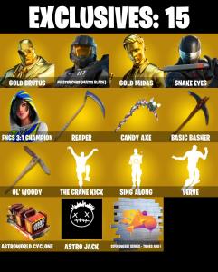 (PC/PSN/XBOX) 193 SKINS ๐ซ Gold Brutus โก๏ธ Master Chief (Matte Black) ๐ Gold Midas โก๏ธ Snake Eyes ๐ FNCS 3:1 Champion โก๏ธ Raz ๐ Fade | 350 V-Buck | PARENTAL CONTROLS โ Fortnite account listing