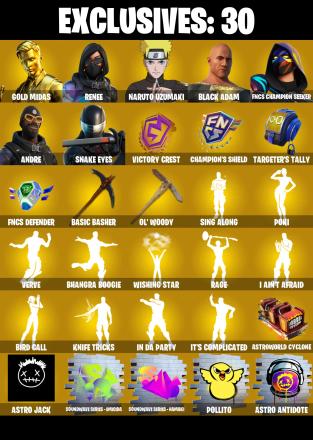 (PC) 358 SKINS π₯ Gold Midas π₯ Renee π₯ Naruto Uzumaki π₯ Black Adam π₯ FNCS Champion Seeker π₯ Andre π₯ Snake Eyes π₯ Predator π₯ 600 VB | PARENTAL CONTROLS β image 1