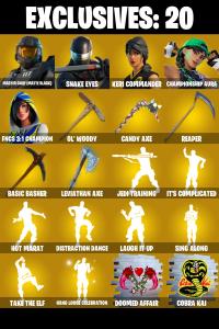(PC/PSN) 288 SKINS ๐ฅ Master Chief (Matte Black) ๐ฅ Snake Eyes ๐ฅ Keri Commander ๐ฅ Championship Aura ๐ฅ FNCS 3:1 Champion ๐ฅ 200 V-Bucks๐ฅ PARENTAL CONTROLS โ Fortnite account listing