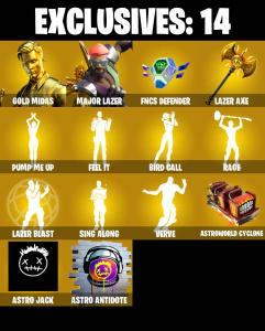 (PC/PSN/XBOX) 195 SKINS ๐ซ Gold Midas โก๏ธ Major Lazer ๐ Raz โก๏ธ Omegarok ๐ Fade โก๏ธ Valeria ๐ Predator โก๏ธ The Origin ๐ Fusion | 0 V-Buck | PARENTAL CONTROLS โ Fortnite account listing