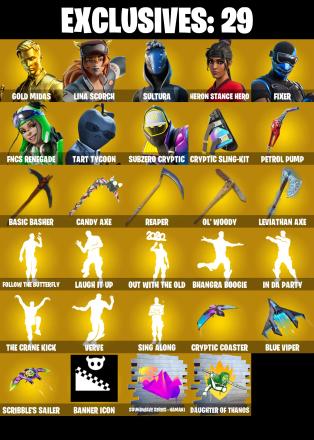 (PC/PSN/XBOX) 172 SKINS π« Gold Midas β‘οΈ Lina Scorch π Sultura β‘οΈ Heron Stance Hero π Fixer β‘οΈ FNCS Renegade π Tart Tycoon | 100 V-Buck | PARENTAL CONTROLS β image 1